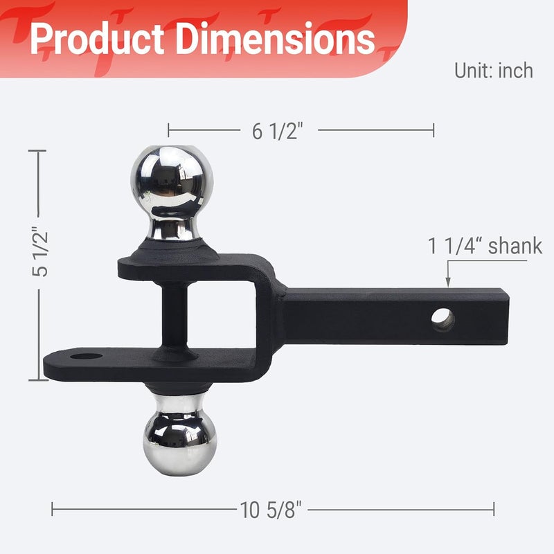REDTEE ATV/UTV Trailer Hitch - Dual Hitch Balls (1-7/8" & 2"), Fits 1 1/4-Inch Receiver, Includes Pin & Clip, 5/8-Inch Clevis Pin Compatible, Matte Black Powder Coat Finish - Image 3